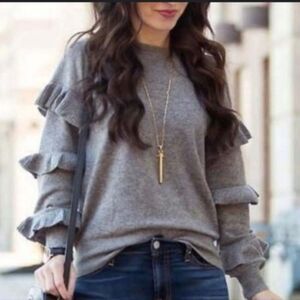 J.Crew | Hope Gray Cascading Ruffle Sleeves Sweater Wool Blend Preppy Boho S